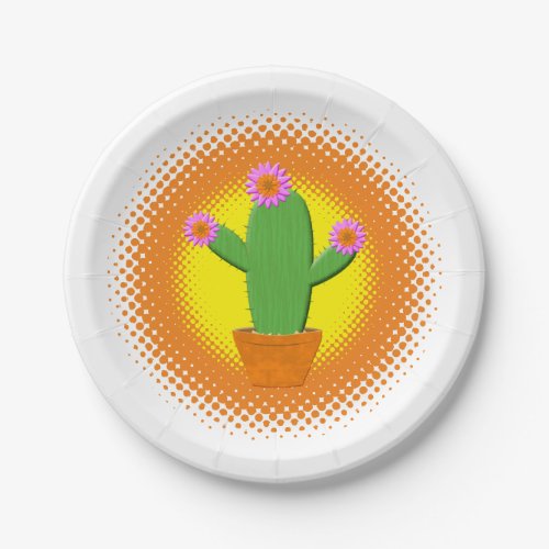 Cute Cartoon Cactus With Pink Flowers Paper Plates