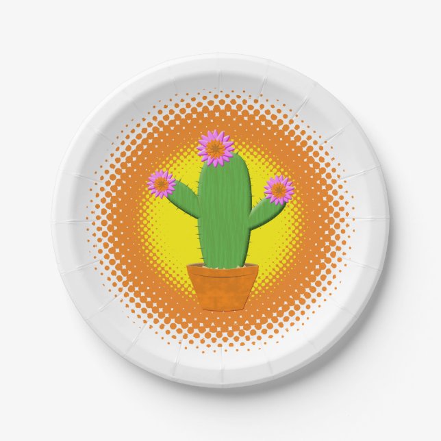 Cute Cartoon Cactus With Pink Flowers Paper Plates (Front)