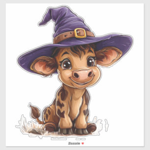 Cute Cartoon Calf Witch Hat Farm Animal Halloween Sticker