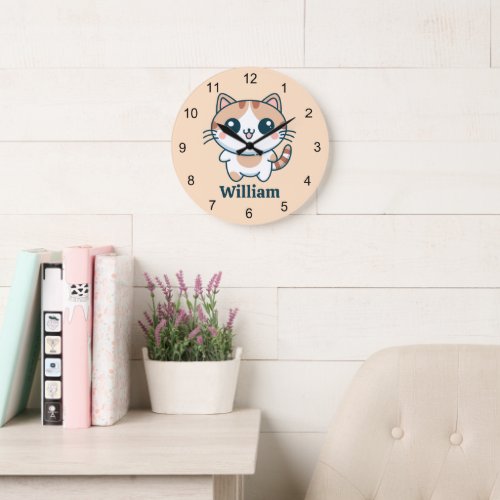 Cute Cartoon Calico Cat Personalized Large Clock