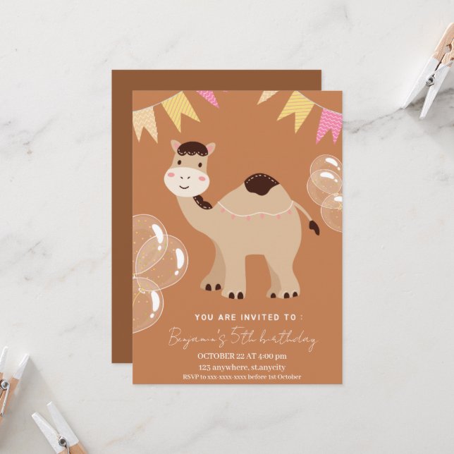 Cute cartoon camel birthday invitation  (Front/Back In Situ)