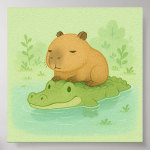 Cute cartoon capybara on green crocodile poster