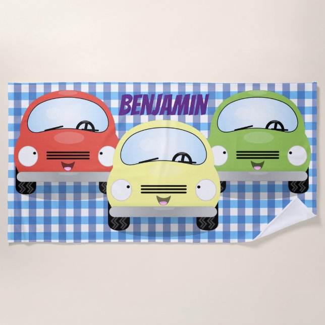 Cute cartoon cars blue check background beach towel (Front)