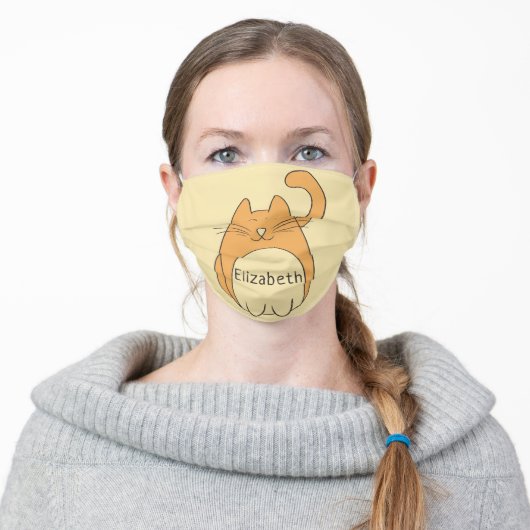 Cute Cartoon Cat Add Name | Beige Adult Cloth Face Mask (Worn)