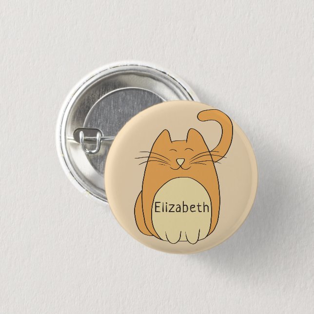 Cute Cartoon Cat Add Name | Beige Button (Front & Back)