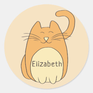 Cute Cartoon Cat Add Name | Beige Classic Round Sticker