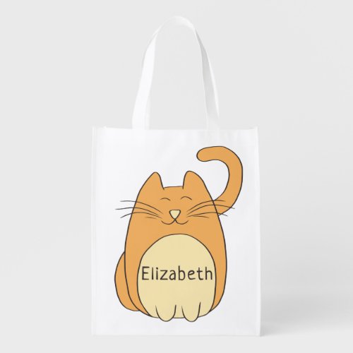 Cute Cartoon Cat Add Name  Beige Grocery Bag