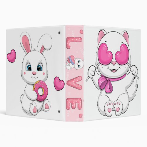 Cute cartoon cat and bunny with hearts 3 ring binder