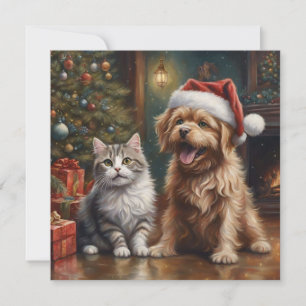 Cute Cartoon Cat and Dog Christmas Holiday Card