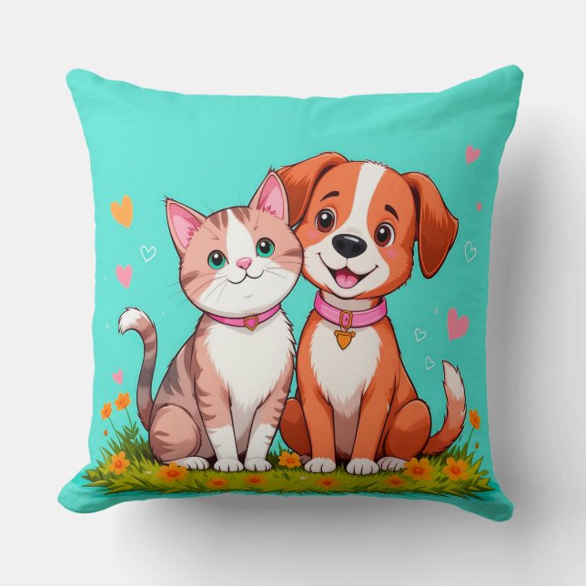 Cute Cartoon Cat and Dog Sitting Together Throw Pillow (Front)