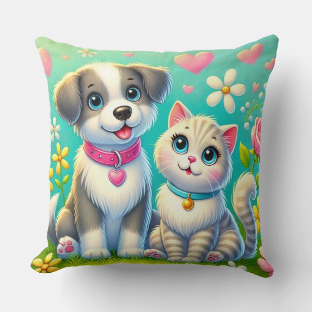 Cute Cartoon Cat and Dog Sitting Together Throw Pillow (Front)