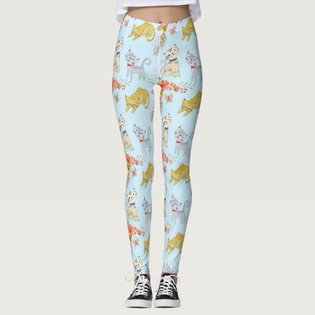 Cute Cartoon Cat And Flowers Pattern Leggings (Front)