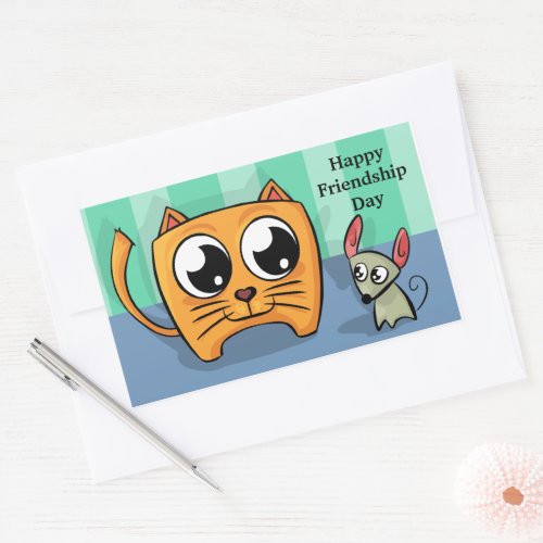 Cute Cartoon Cat and Mouse Friendship Day Rectangular Sticker