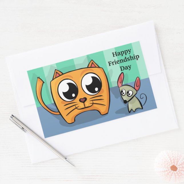 Cute Cartoon Cat and Mouse Friendship Day Rectangular Sticker (Envelope)
