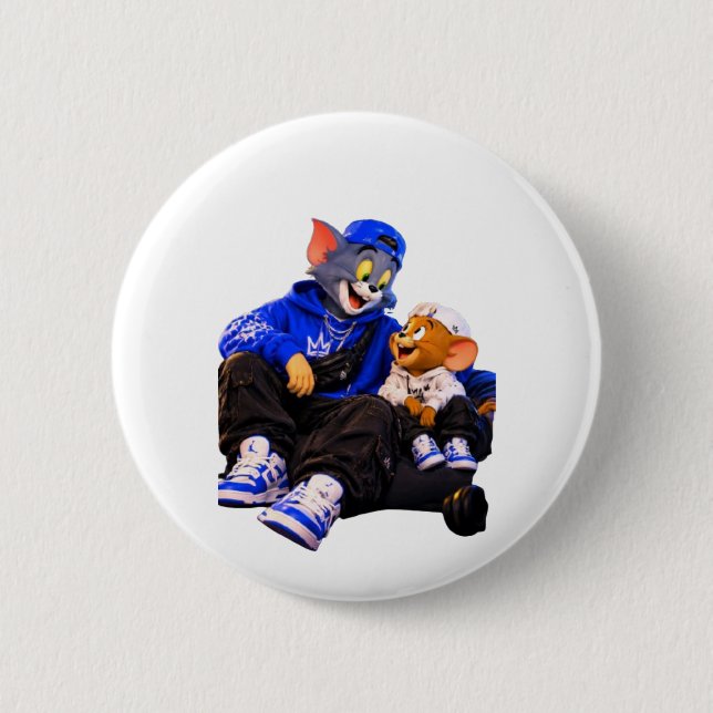Cute Cartoon Cat and Mouse Round Pin Back Button (Front)