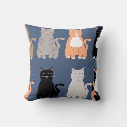 Cute Cartoon Cat Breeds Fun Pattern Throw Pillow
