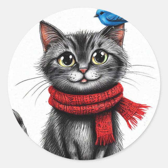 Cute cartoon cat classic round sticker (Front)