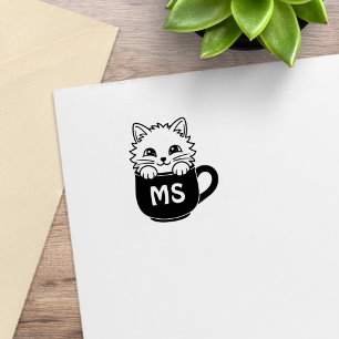 Cute Cartoon Cat Coffee Mug Monogram Initial 1x1 Rubber Stamp