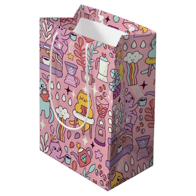 Cute Cartoon Cat Collection On Pink Medium Gift Bag (Back Angled)