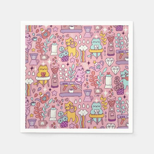 Cute Cartoon Cat Collection On Pink Napkins