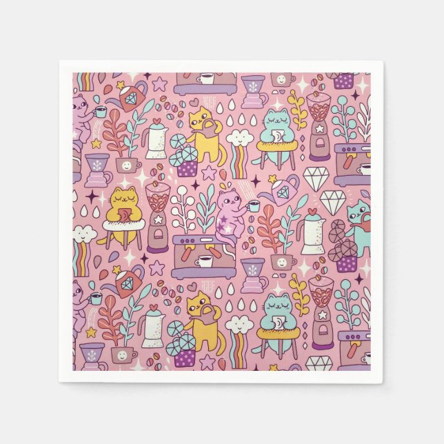 Cute Cartoon Cat Collection On Pink Napkins (Front)