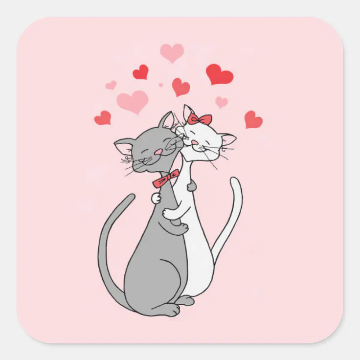 Cute Cartoon Cat Couple In Love Hugging and Hearts Square Sticker | Zazzle