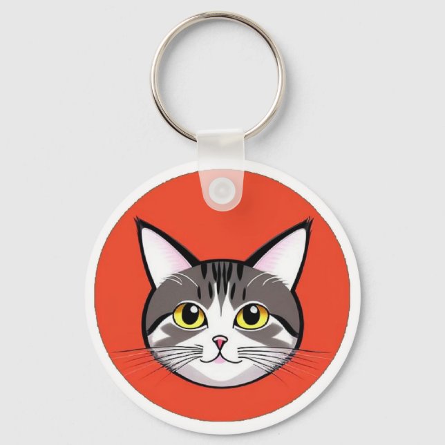 Cute Cartoon Cat Face With Bold Graphic Design Keychain (Front)