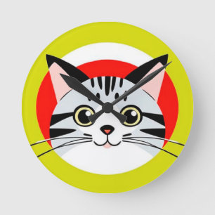 Cute Cartoon Cat Face With Bold Graphic Design Round Clock