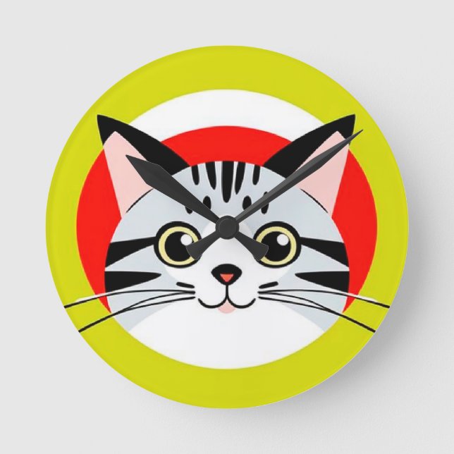 Cute Cartoon Cat Face With Bold Graphic Design Round Clock (Front)