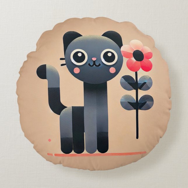 Cute Cartoon Cat Holding a Flower Round Pillow (Front)