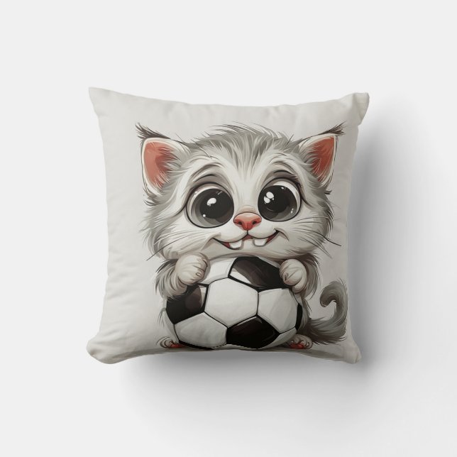 Cute Cartoon Cat Holding Soccer Ball Throw Pillow (Front)
