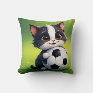 Cute Cartoon Cat Holding Soccer Ball Throw Pillow