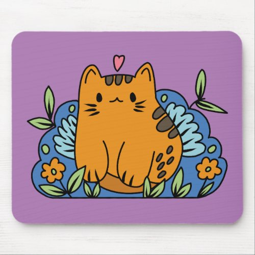 Cute Cartoon Cat In A Garden On A Lavender  Mouse Pad
