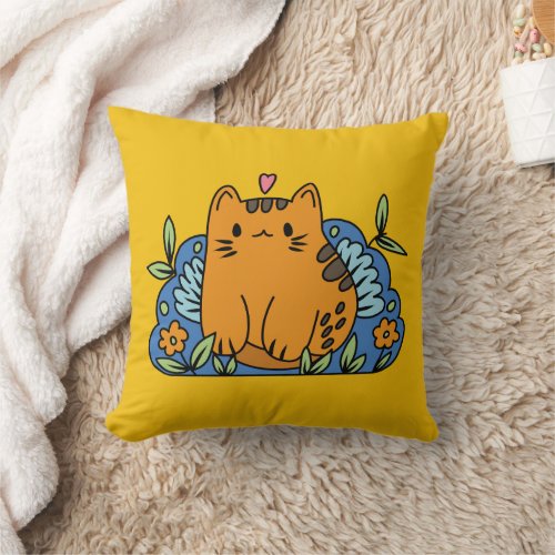 Cute Cartoon Cat In A Garden  Throw Pillow