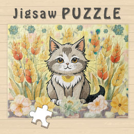 Cute Cartoon Cat in a late Summer Wheat Field - Jigsaw Puzzle
