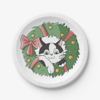 Cute Cartoon Cat in Christmas Wreath Paper Plates