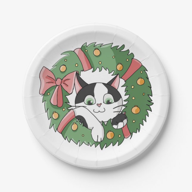 Cute Cartoon Cat in Christmas Wreath Paper Plates (Front)