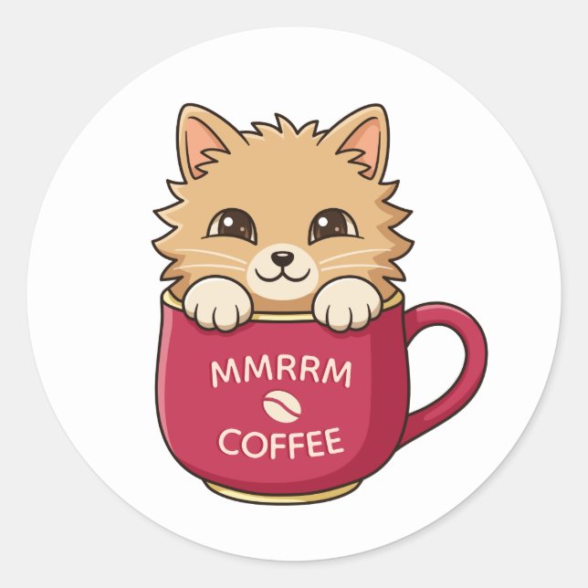 Cute Cartoon Cat in Coffee Mug Custom Text Classic Round Sticker (Front)