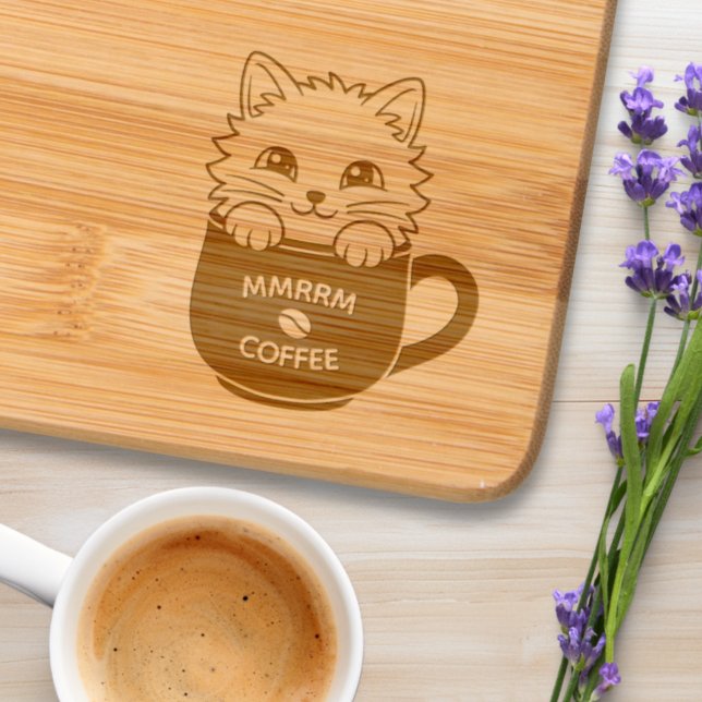 Cute Cartoon Cat in Coffee Mug Custom Text Engraved Cutting Board (Creator Uploaded)
