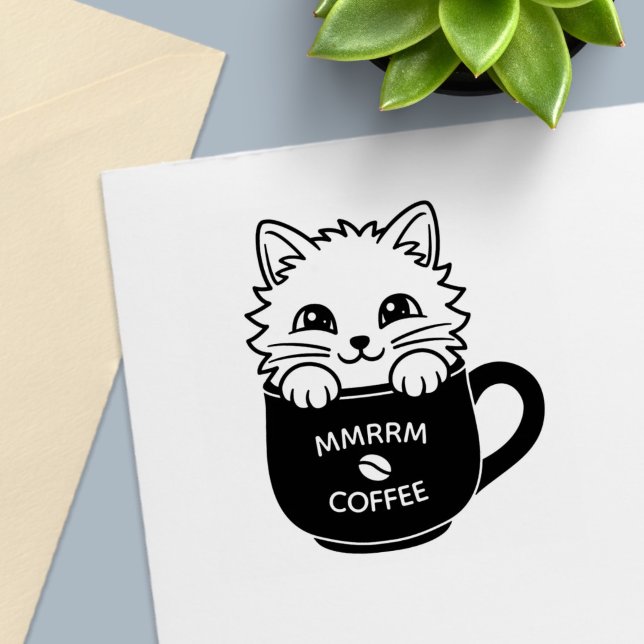 Cute Cartoon Cat in Coffee Mug Custom Text Self-inking Stamp (Creator Uploaded)