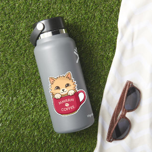Cute Cartoon Cat in Coffee Mug Custom Text Sticker