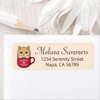Cute Cartoon Cat in Coffee Mug on Beige Label