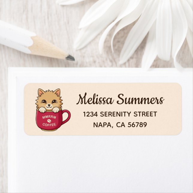 Cute Cartoon Cat in Coffee Mug on Beige Label (Insitu)