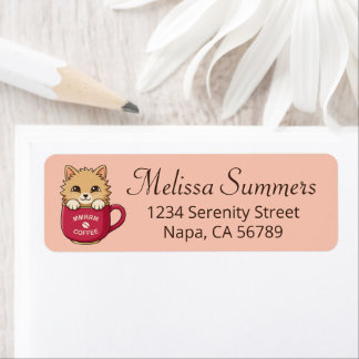 Cute Cartoon Cat in Coffee Mug on Pink Label