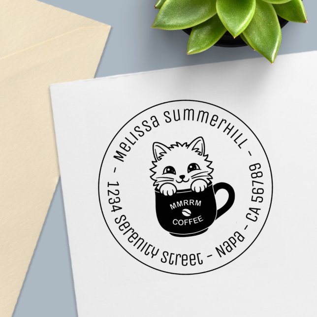Cute Cartoon Cat in Coffee Mug Round Address Self-inking Stamp (Creator Uploaded)