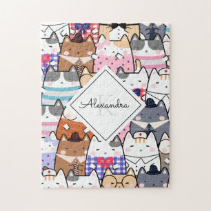 Cute Cartoon Cat Kitten Pattern Monogram Girl Name Jigsaw Puzzle