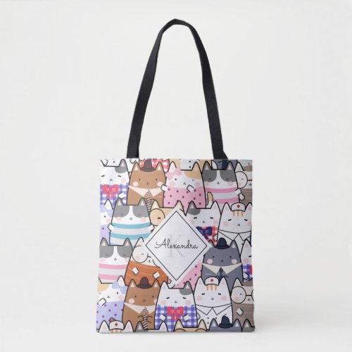 Cute Cartoon Cat Kitten Pattern Monogram Girl Name Tote Bag