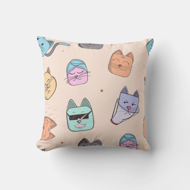 Cute Cartoon Cat Kitty Faces Pattern Patterns | Pa Throw Pillow (Front)