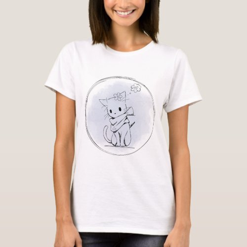 Cute Cartoon Cat Love Digital Drawing  T_Shirt