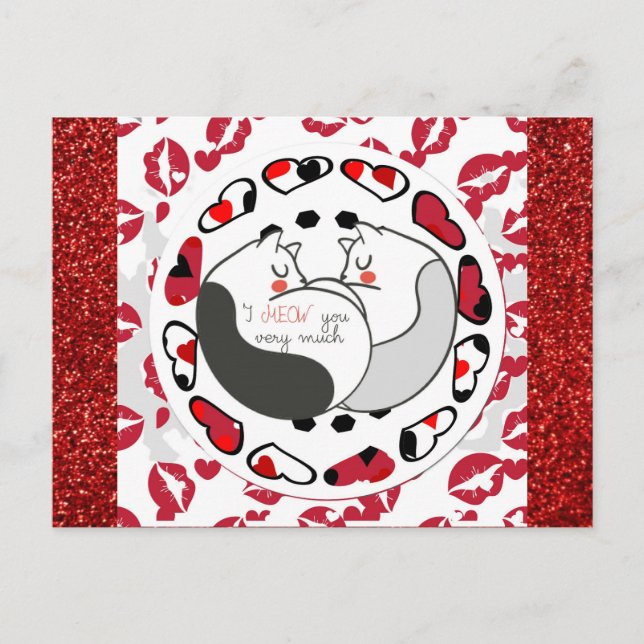 Cute Cartoon Cat Love Red Glitter Postcard (Front)